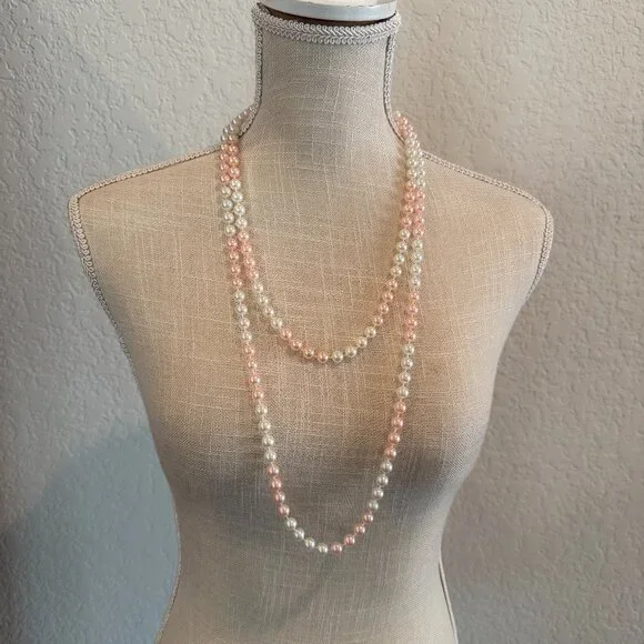 Pink and White Faux Pearls Flapper Length - Picture 6 of 6